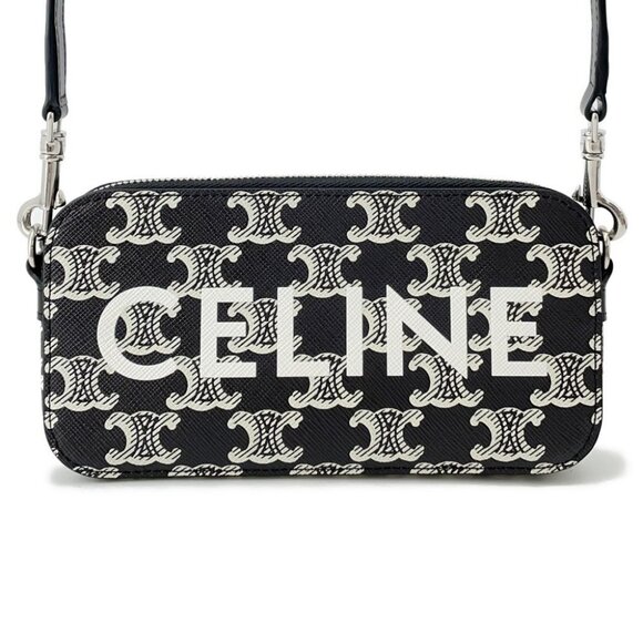 CELINE Triomphe HorizontalPouch Shoulder Bag PVC/Leather Black/White 10L272FSQ - Picture 1 of 14